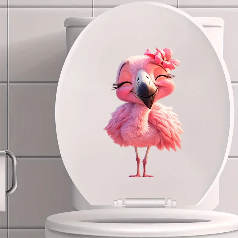 1 pink flamingo toilet sticker, featuring elements such as smiling flamingo flower patterns, waterproof and bathroom stickers wi