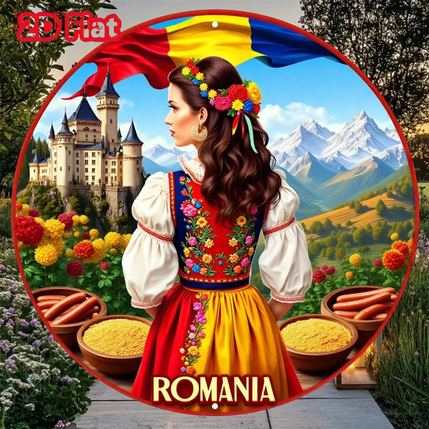 Romanian Cultural Wall Art Decor - Women's Attire, Floral Landscape Painting- Durable Aluminum Plate Decoration, European Decor