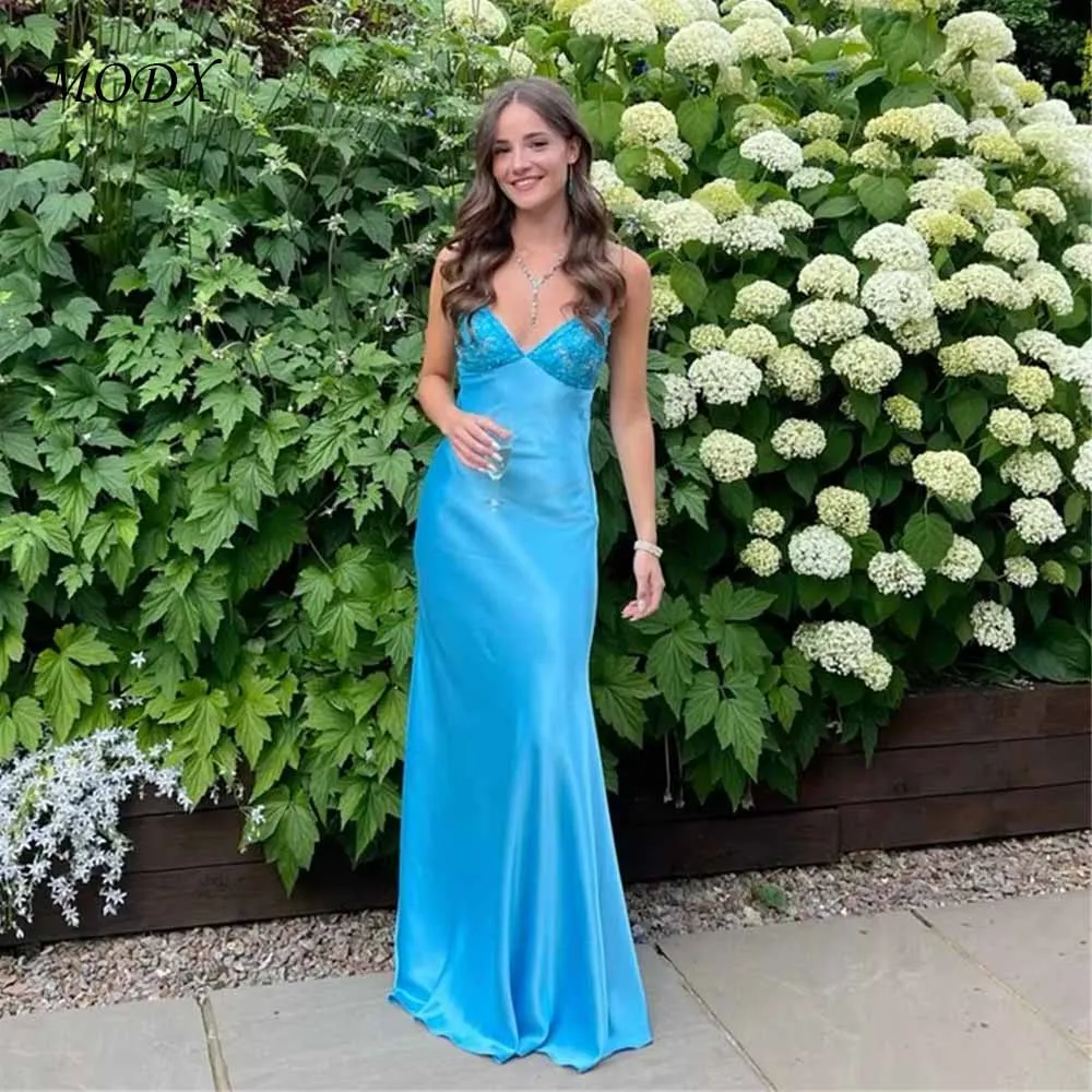 

MODX Customized Sexy Blue Suspender Dress Mermaid Party Dresses Glitter Backless Lace-Up Evening Dresses Prom Dresses
