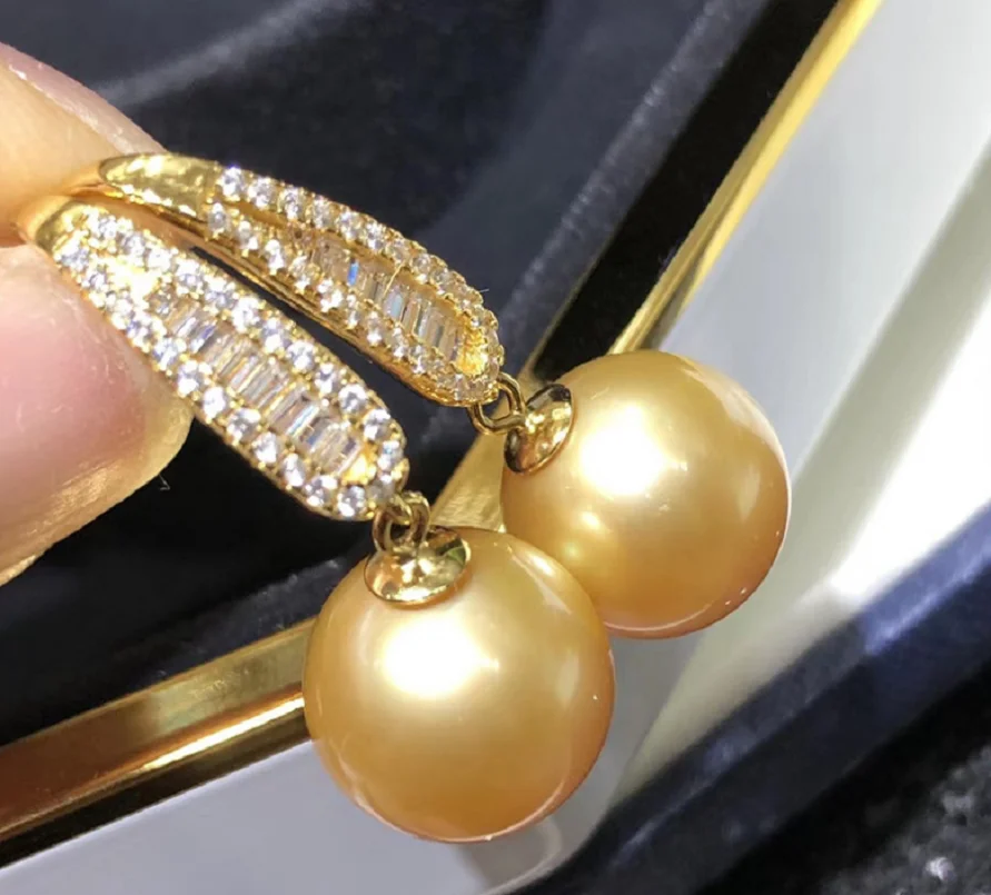 

Fashion Jewelry AAAA 10-11MM SOUTH SEA GOLDEN ROUND PEARLS EARRINGS 925s