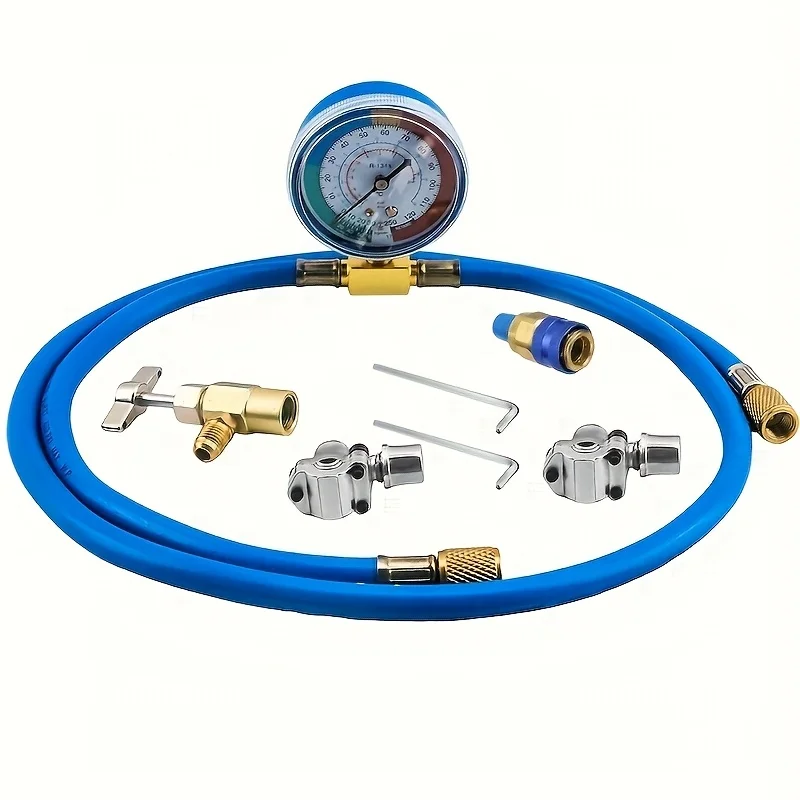 R134A R12 R22 AC Refrigerant Recharge Hose kit with Gauge and BPV31 Bullet Piercing Tap Valve,R134a Can Tap Valves,Quick Coupler