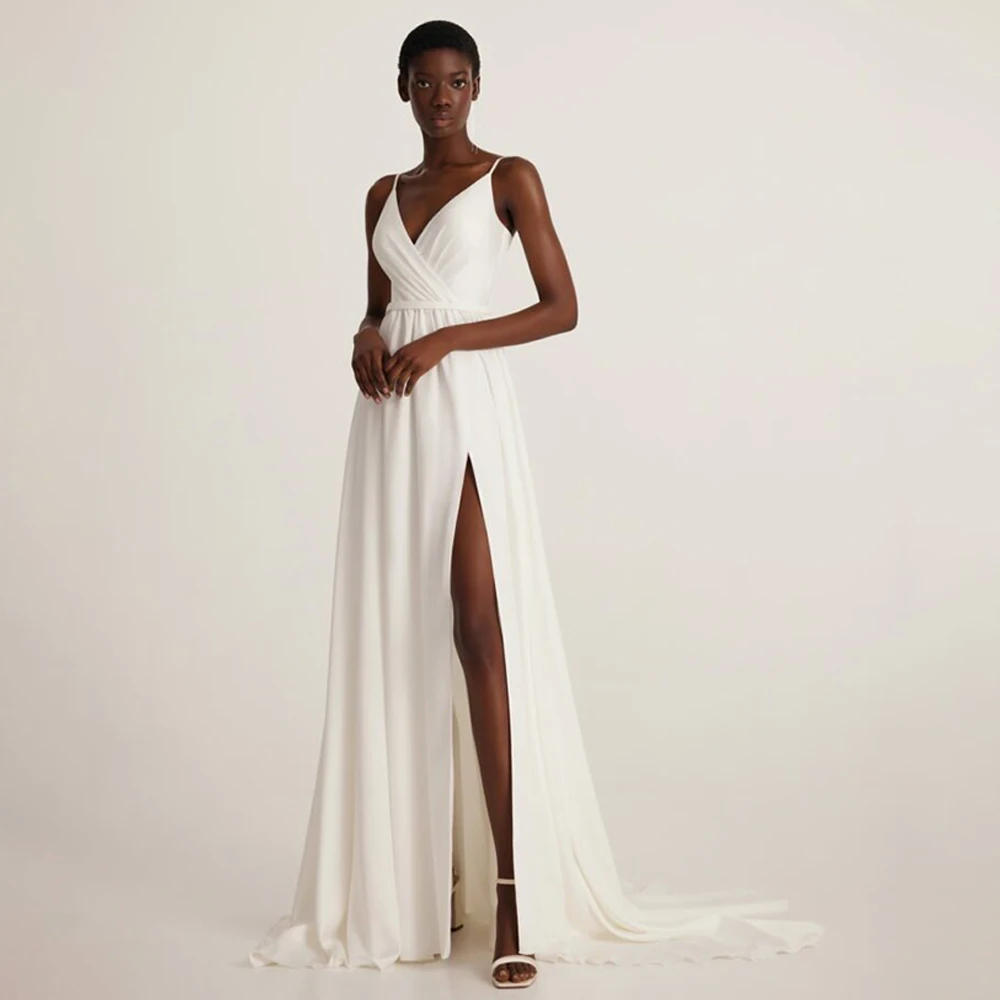 

Simple Wedding Dresses Long V Neck Side Slit Sexy Gowns for Women 2023 Bride Spaghetti Straps A Line Bridal Dress Ivory