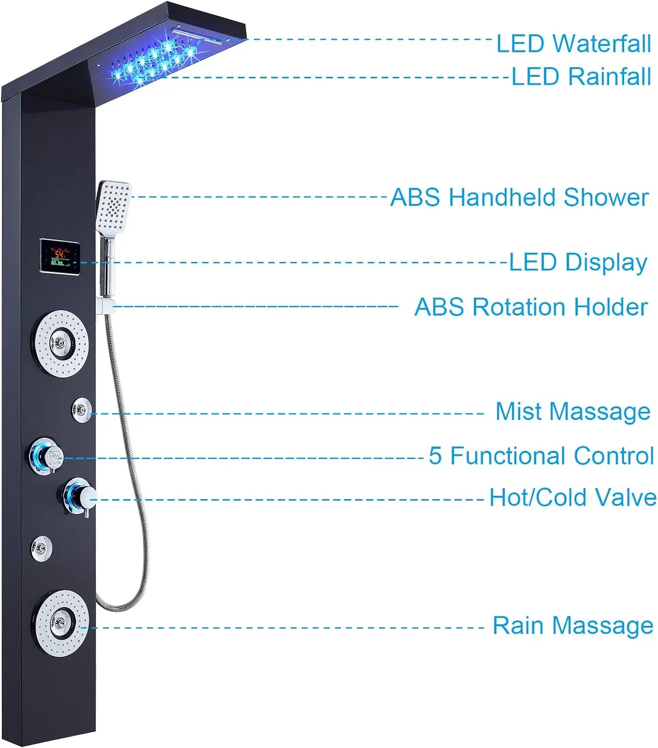 ZAPPO Rainfall Waterfall Massage System with Body Jets Bathroom Shower Panel Temperature Digital Display Shower Panel Shower Set