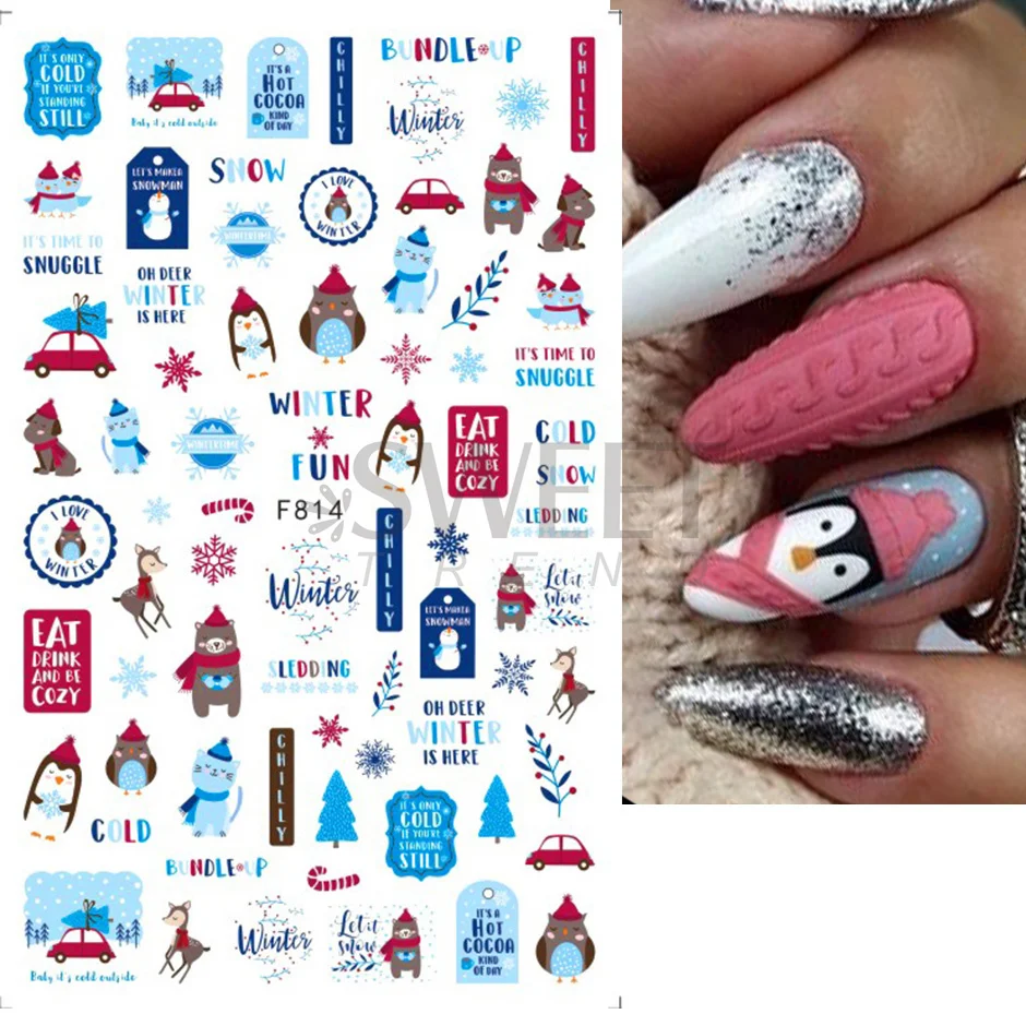 Winter Blue Tree Elk Nail Stickers Snowy Bear Penguin Cute Cartoon Decals 3D Adhesive Slider Manicure Gel Christmas Decor JIF812