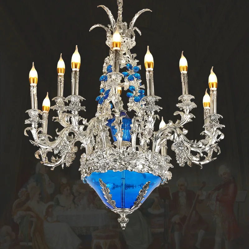 European High Teto Cobre Pendant Light, Lâmpada para Villa, Sala de estar, Jantar, Dourado, Prata, Latão, Candelabro, Estilo Francês