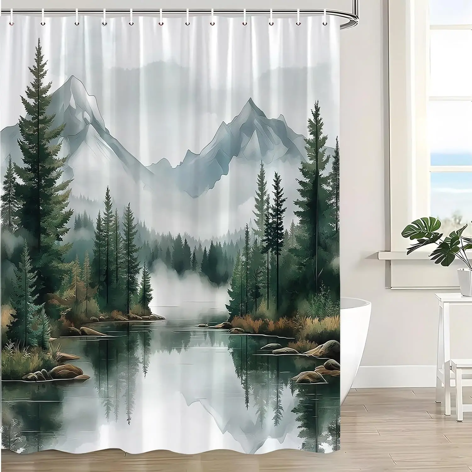 Green Misty Forest Shower Curtain Mountain Foggy Pine Trees Landscape Watercolor Jungle Plant Rustic Nature Scenery Lake Fabric