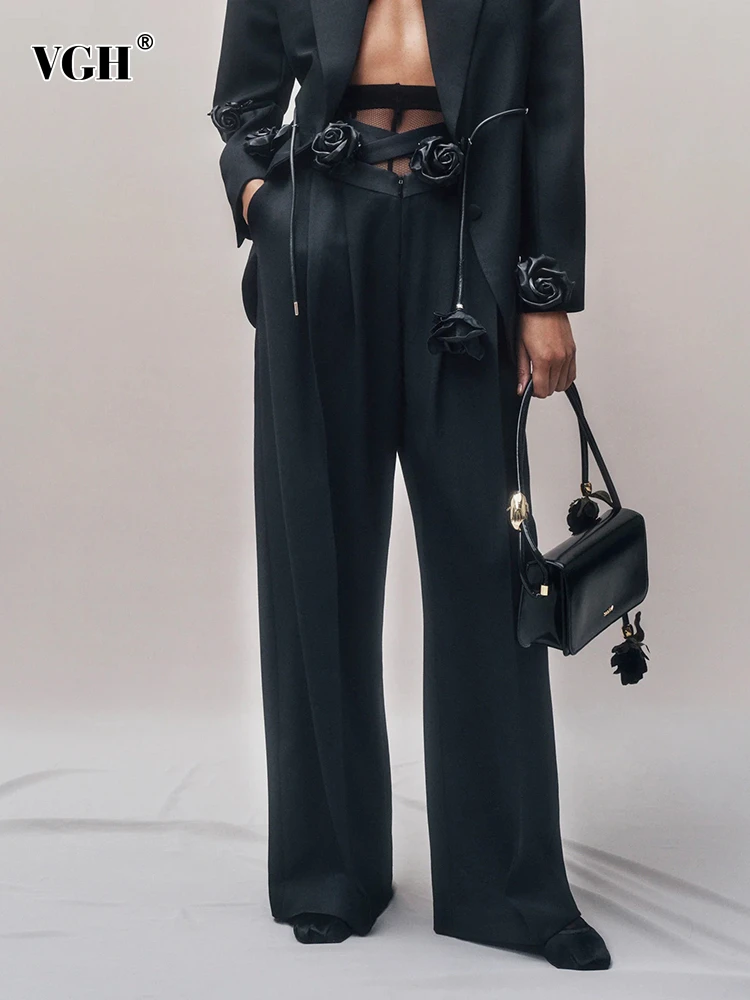 

VGH Chic Hollow Out Spliced Appliques Trousers for Women High Waist Patchwork Zipper Minimalist Wide Leg Pant Female Style New