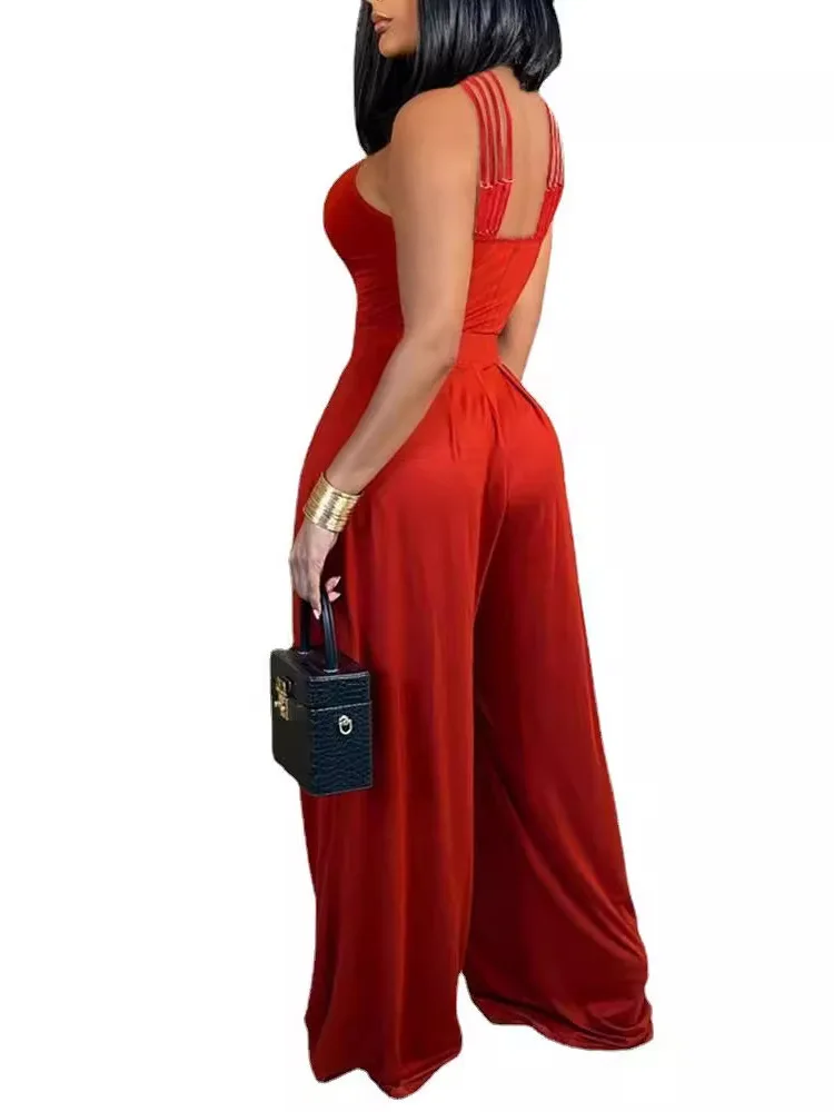 Damen-Overall mit weitem Bein, Schultergurt, gekreuzt, Street Sle, lange Hose, Polyesterstoff, aushöhlen, mittlere Taille, Sommer