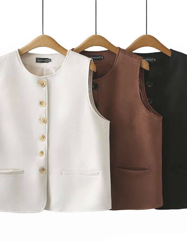 

Spring Autumn Women's Korean Style Sleeveless Jacket Large Size Design round Neck Single Button Vest Coat Commute Style Polye...
