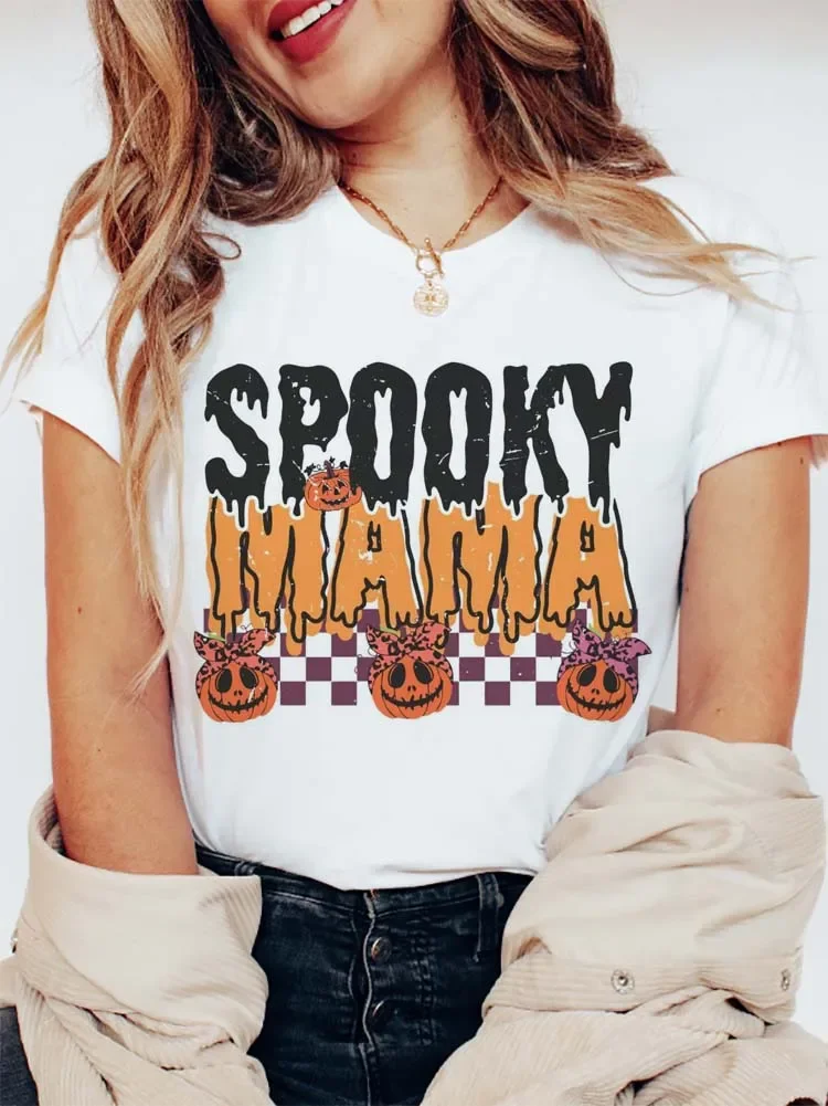 Checked Spooky Mama Pumpkin Printed T-Shirt with Cartoon Pattern O-Neck Trendy Street Print Fashion Versatile Halloween T-Shirt