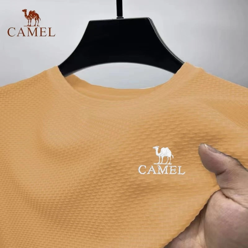 High End Embroidered CAMEL Ice Silk Mesh Short Sleeved T-shirt for Men\'s Summer Fashion Casual Breathable Short Sleeved Polo Top