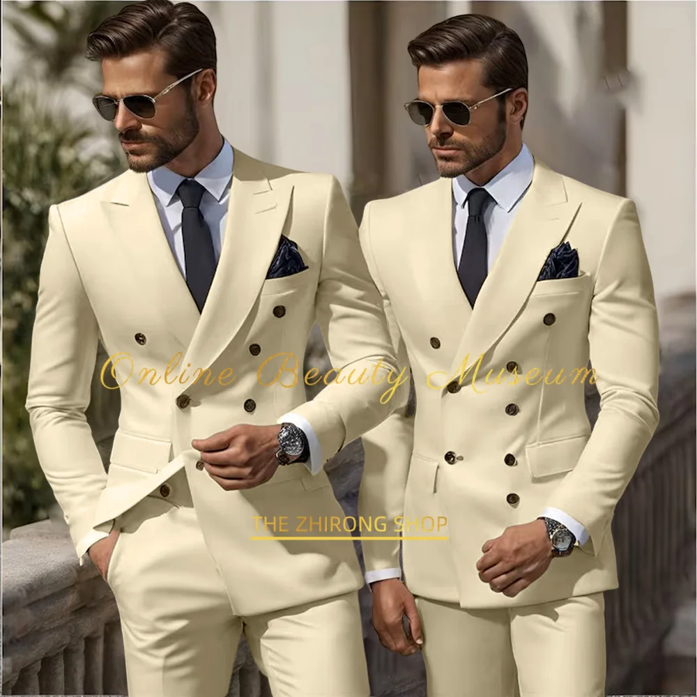 Formal Elegant Stylish Ivory Double Breasted 2 Piece Wedding Suits for Men, Classic Tuxedo Bespoke For Groom Prom Party Dress