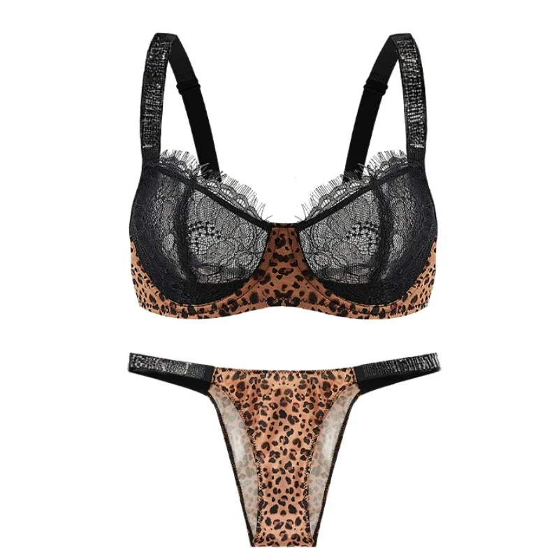 Leopard Print Sexy Bra and Thong Sets Women Comfy Seamless Brassiere Rhinestone Lace Bralette Gathering Chest Push Up Underwear