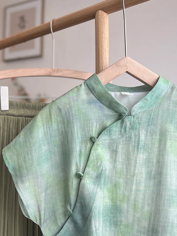 Retro Dyed Print Cotton Linen irt Women Summer New Chinese Sle Zen Tea Service Fly Sve Linen Small Top Upper Apparel