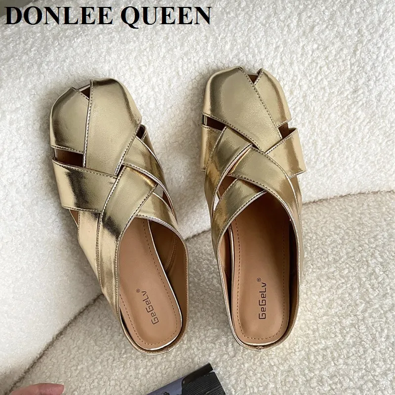 Fashion Women Slippers Square Toe Shallow Slip On Mules Shoes 2024 Summer Gold Sliver Slides Slipper Flats Heel Flip Flops Mujer