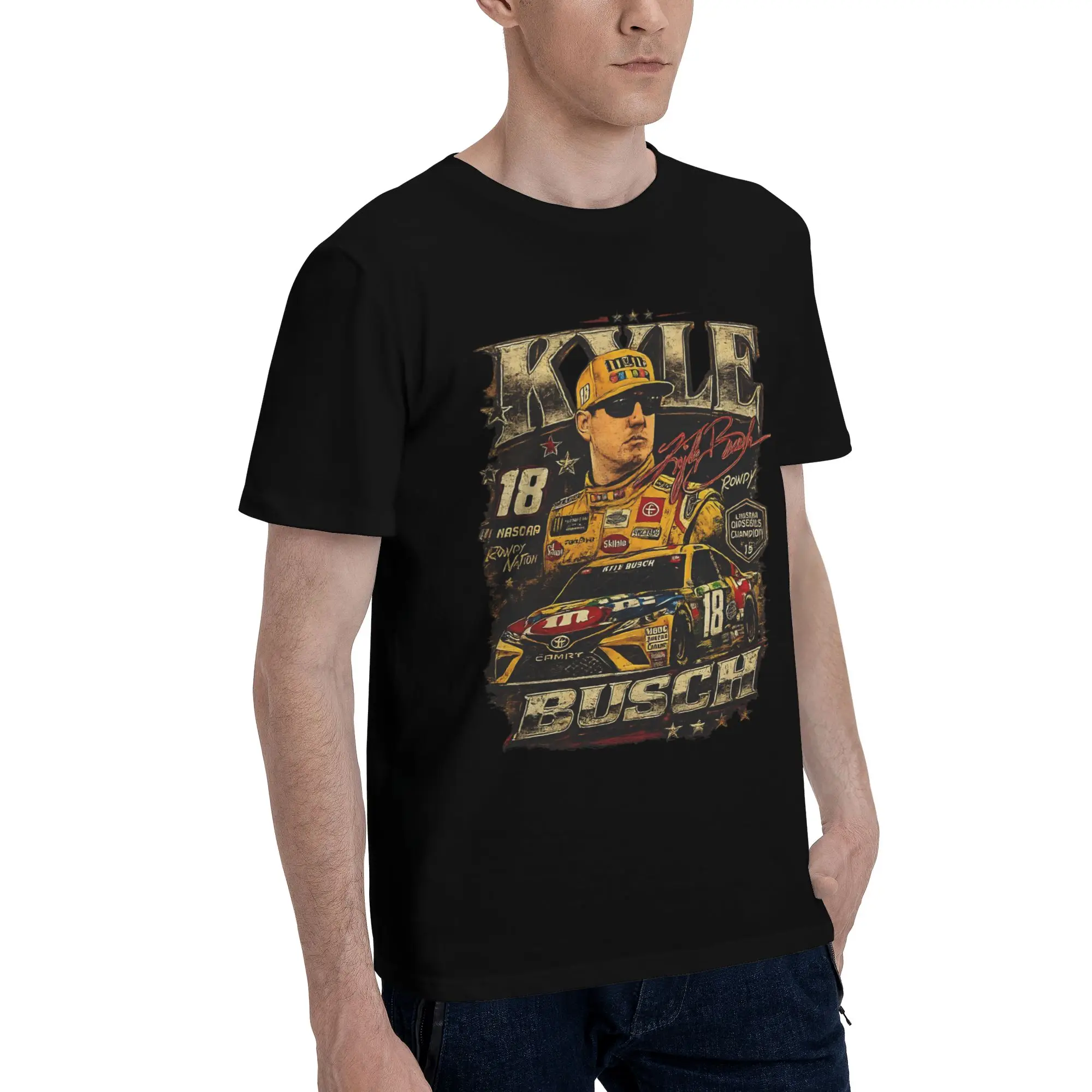 Vintage Kyle Busch ,18 Racing Rowdy Busch Vintage Style  Funny 100% Cotton T-Shirt kyle busch Tops Tees For Men