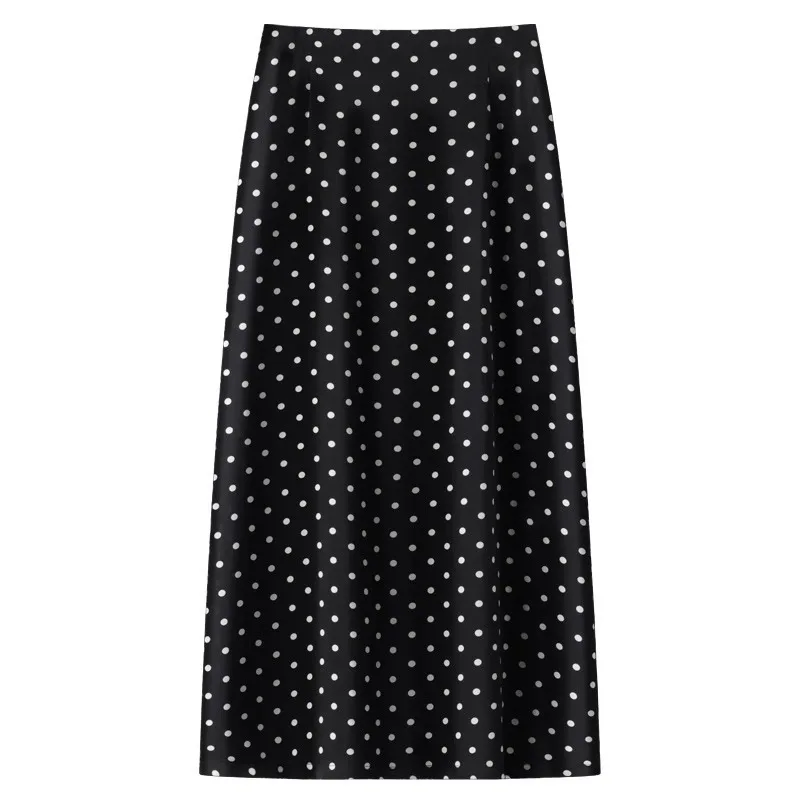 

Black Polka Dot Midi Skirt for Women Summer Slim Fit Slimming Draped A-line Bodycon Long Skirt