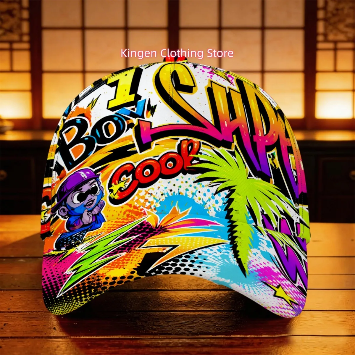A Single Boombox Cap Featuring a Trendy Graffiti Design, Perfect for Street Style. It'S a Great Gift Option, Lightweight And Bre