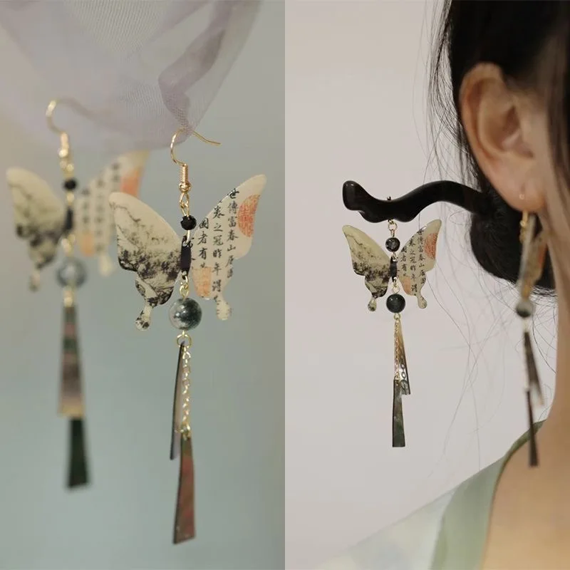 2023 New Chinese Style Calligraphy Butterfly Earrings for female Ancient Style Long Delicate Tassel Water Drop Pendant Ear Hook