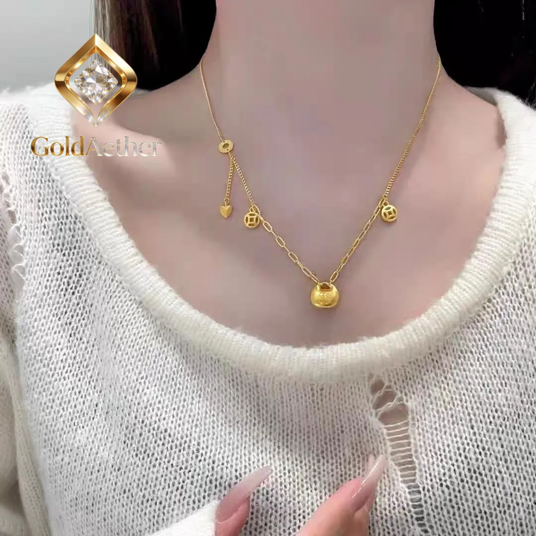 

GoldAether Luxury 24K 9999 Pure Gold real gold Xiaopang Fu Set Chain Niche Design Women's Neck Chain Clavicle Chain
