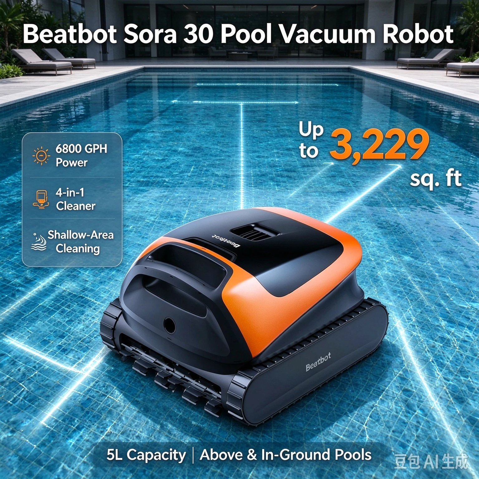 Automatic Beatbot Sora 30 Pool Cleaner,4-in-1 Vacuum,6800GPH,Shallow Area Cleaning,Smart Parking,5L For Above & In-Ground Pools