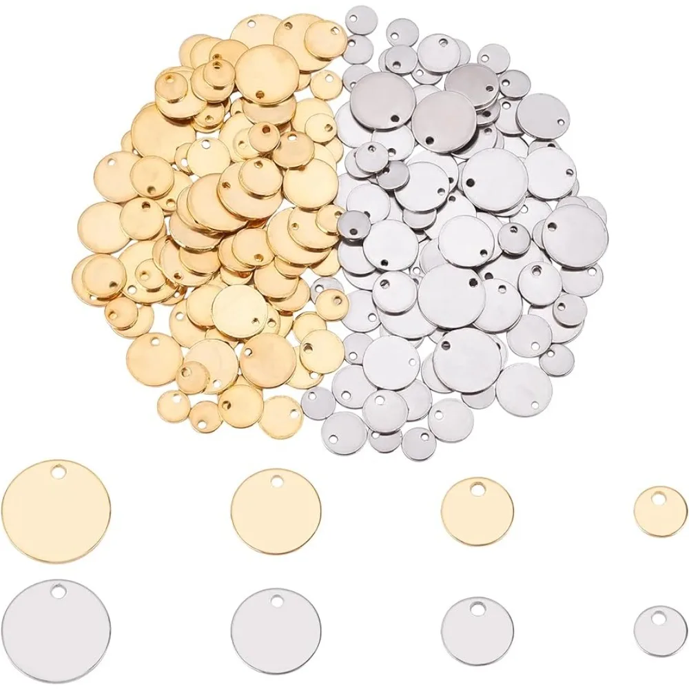 

200pcs 2 Colors Flat Round Charm Stainless Steel Blank Tag Pendants Hypoallergenic Metal Charms for DIY Jewelry Making