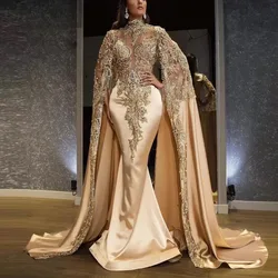 Luxury Champagne Formal Evening Dresses Shawl Beading Mermaid Saudi Arabic Prom Dress Applique Party Gowns Full Sleeve