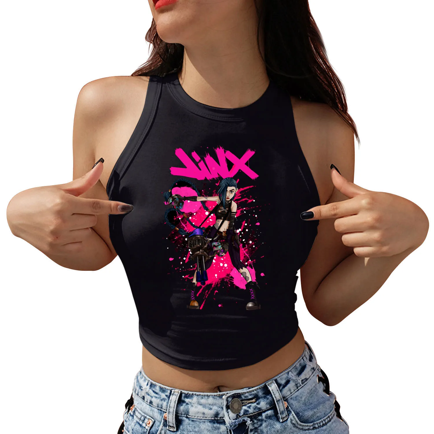 Game Arcane Graphic Print Crop Tops Woman Sleeveless Shirts Girls Sexy Streetwear O-neck Fashion Female Y2k Top Gothic