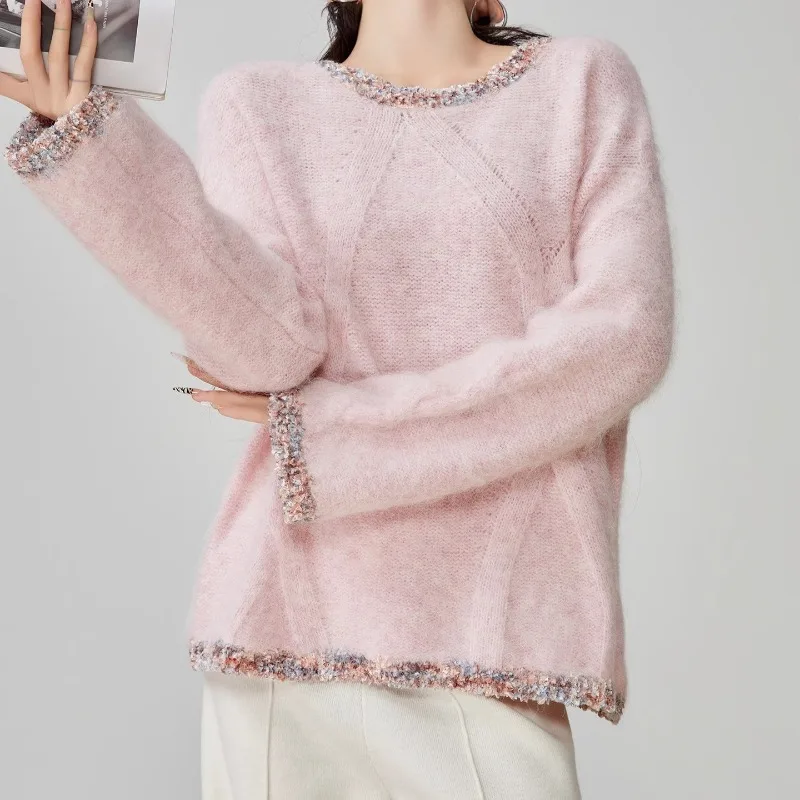 

Elegant Pink Women'S Knitted Sweater Spliced O Neck Twisted Long Sleeves Autumn Female Pullover Knitwear Casual Vintage Spring