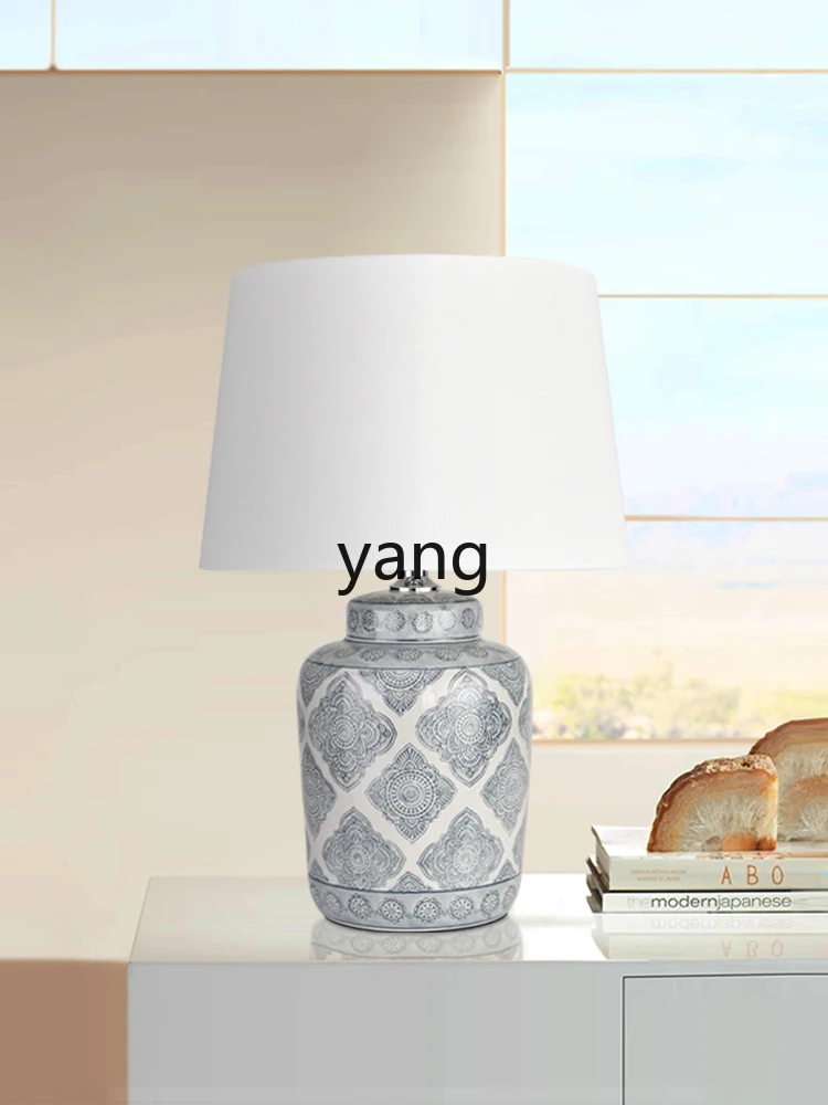 Yjq-Azul e Branco Porcelana Table Lamp, Wanfu Perfeito Quarto Abajur, High Sense Azul e Branco Porcelana Table Lamp