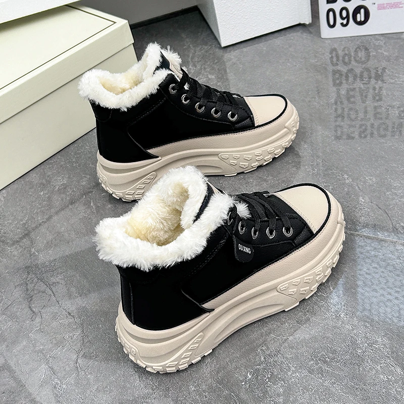 

Women's Office Thick Soled Shoes Black Plush High Top Boots Anti Slip Large Sole Warm Cotton Boots Essential for Urban Strolls