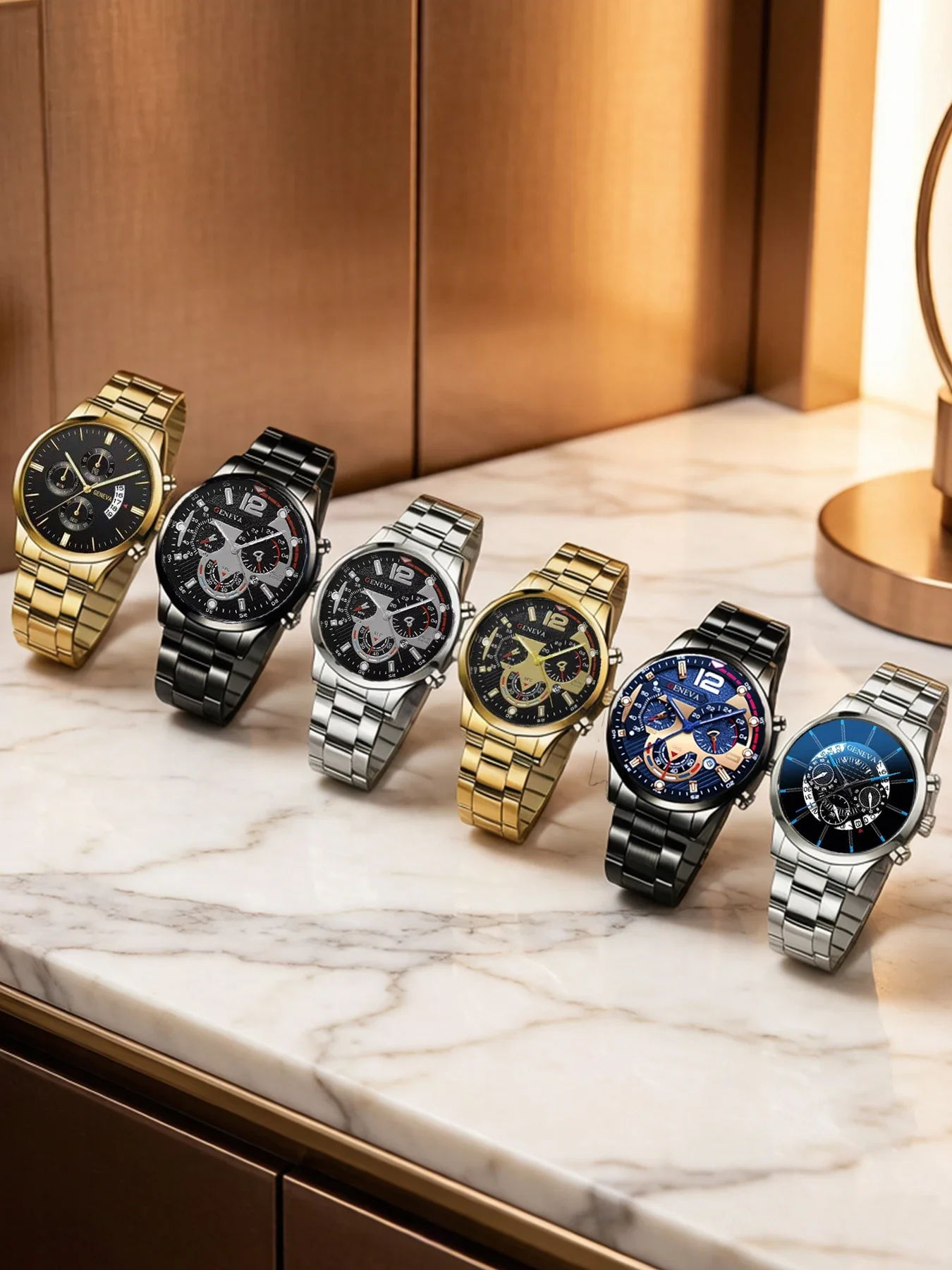 6Pcs Geneva Men Quartz Watch Set,6 Styles Weekly Rotation Wear Fake Chronograph Steel Band Male Wristwatch