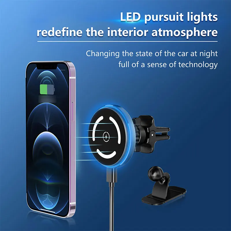 

Беспроводное автомобильное зарядное устройство Магнитное беспроводное автомобильное зарядное устройство для iPhone 16, 15, 14, 13 Pro Max MacSafe Автомобильный держатель для телефона со светодиодной подсветкой