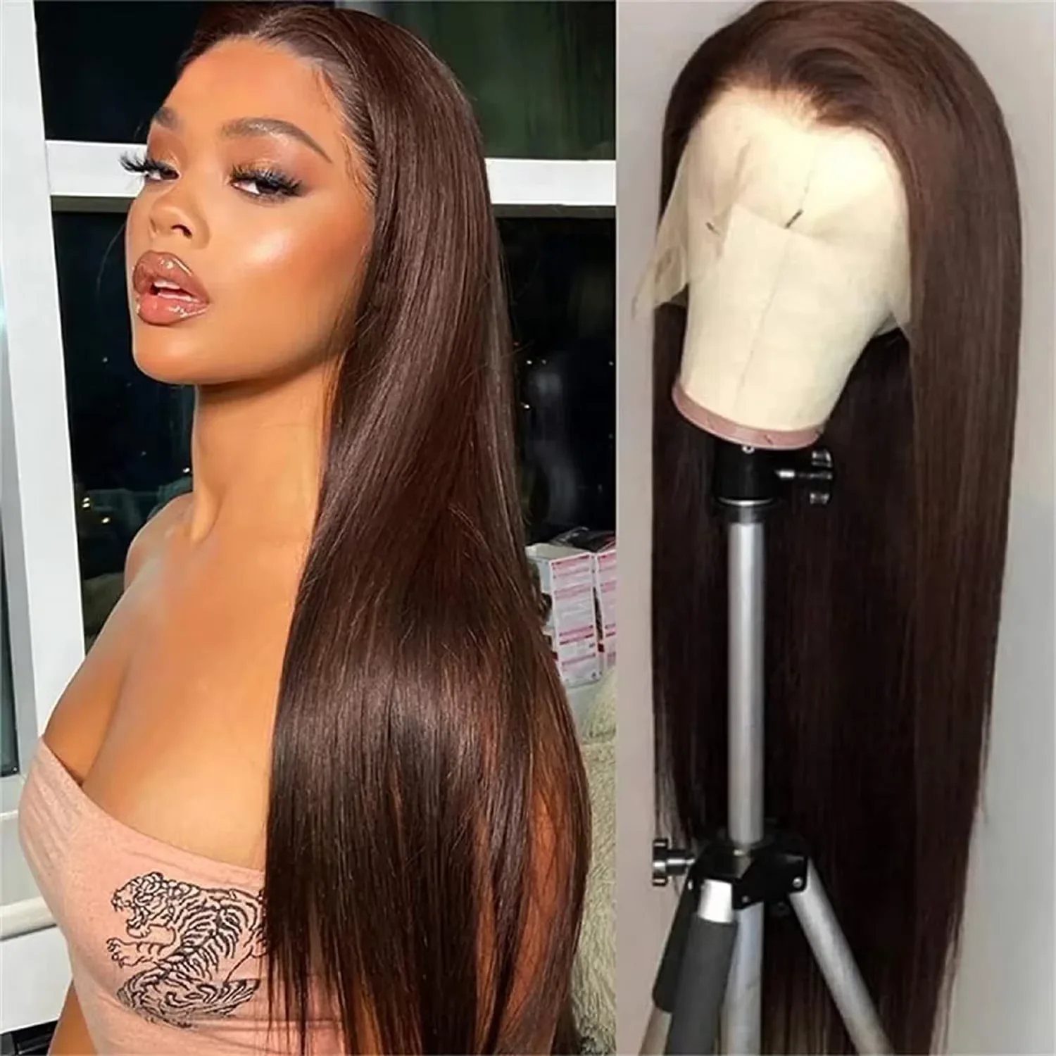 

200 Density 13x4 13x6 HD Transparent Full Frontal Lace Chocolate Brown Color Preplucked Brazilian Straight Front Human Hair Wig