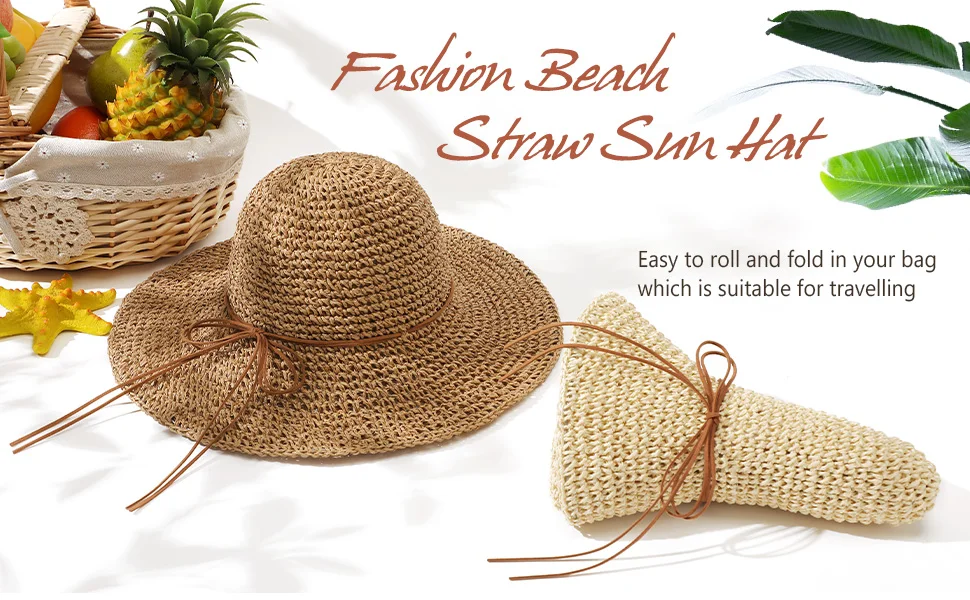 sun hats straw beach hats for women packable foldable UPF50+ sun protection wide brim adjustable