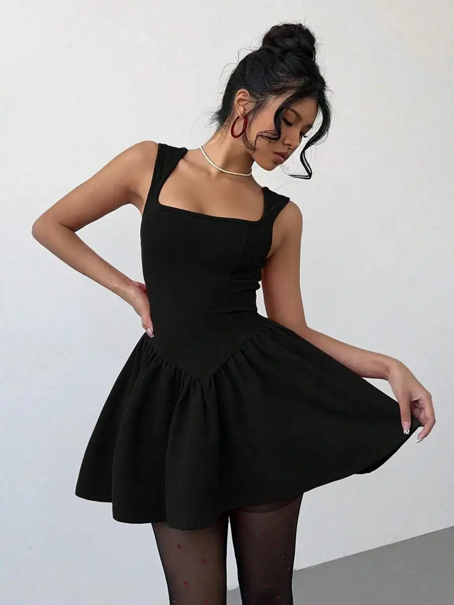 

Women Square Neck Sleeveless Pleated Mini Dress Solid Color Fashion Summer