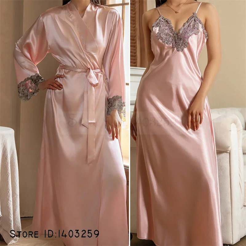 Sexy Lace Kimono Bathrobe Gown Suspender Nightdress Loose Long Bride Wedding Robe Two Piece Set Casual Satin Homewear Loungewear