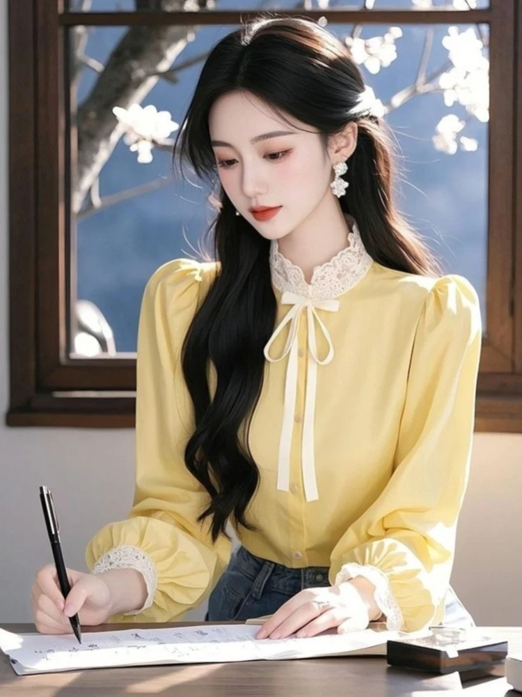

2025 Spring New Shirts Stand Neck Puff Sleeve Tops Lace Bow Patchwork Design Blouses Fashion Elegant All Match Women's Clothing