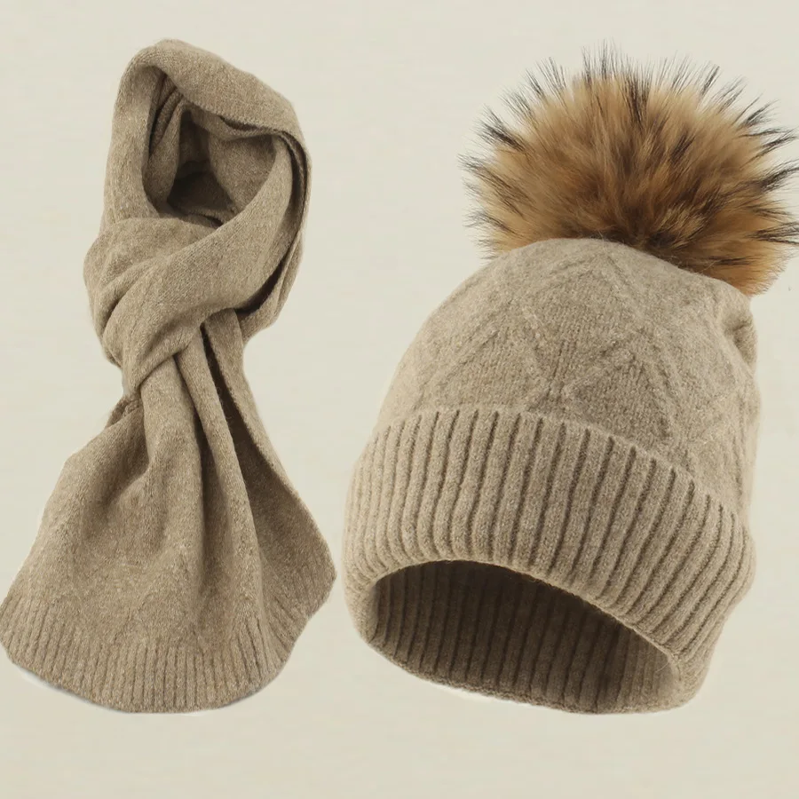 

Hat Scarf Set Winter Women Wool Knit Beanie Raccoon Pompom Warm Accessory For Cold Weather Autumn Sports Skiing Outdoor Holiday