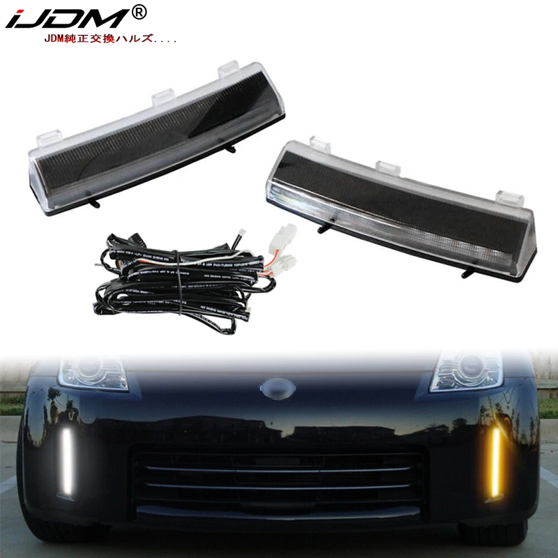 IJDM światła do jazdy dziennej samochodu montaż na lata 2006-2009 Nissan 350z LCI, biała dioda LED jako DRL i bursztynowa żółta dioda LED jako kierunkowskazy