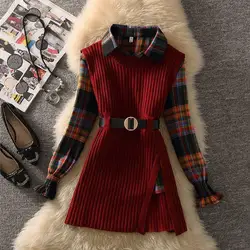 Women's Vintage Plaid Shirts Sweater Vest with Waistbelt Set Lady Autumn Winter Lucky Red Knit Tank Tops Blouse Outfits Knitwear