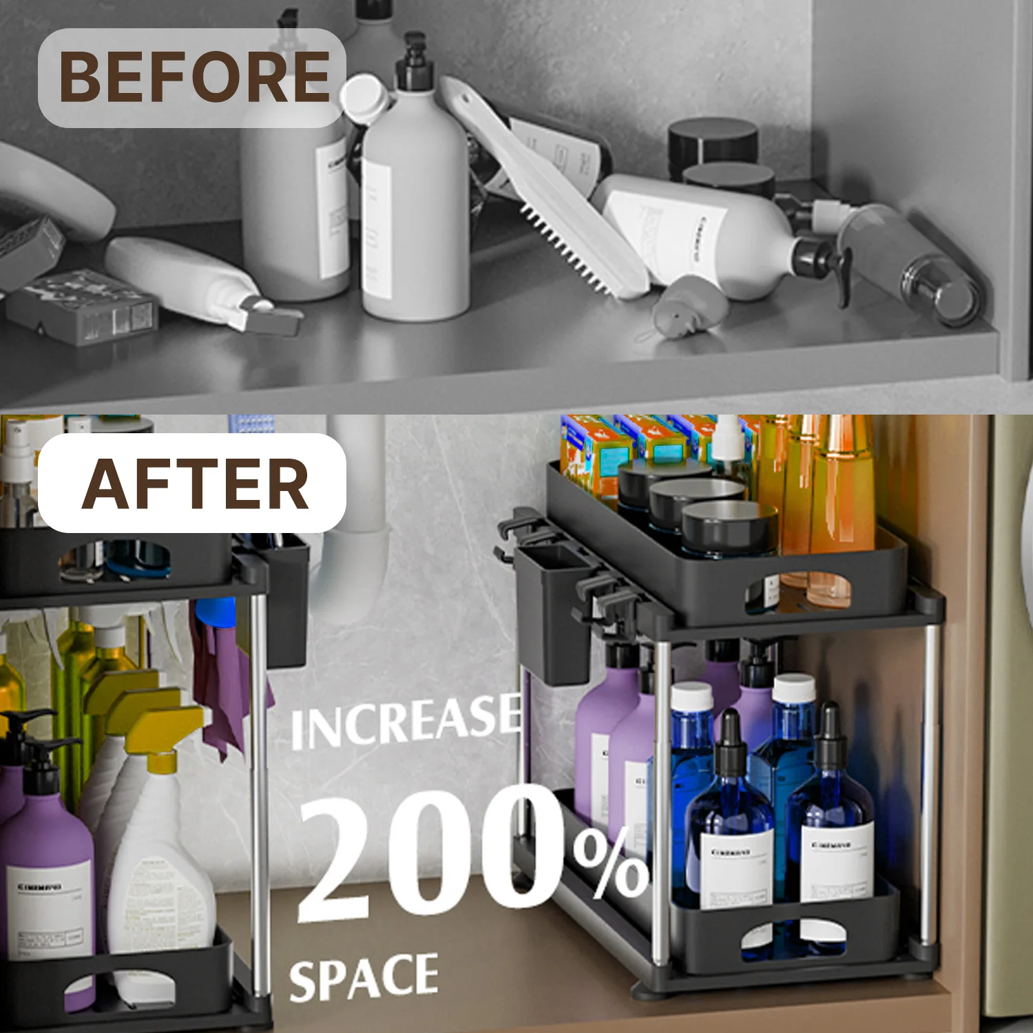 2 Pack Under Sink Organizers and Storage, 2 Tier Height Adjustable Countertop Organizer for Kitchen Bathroom Laundry