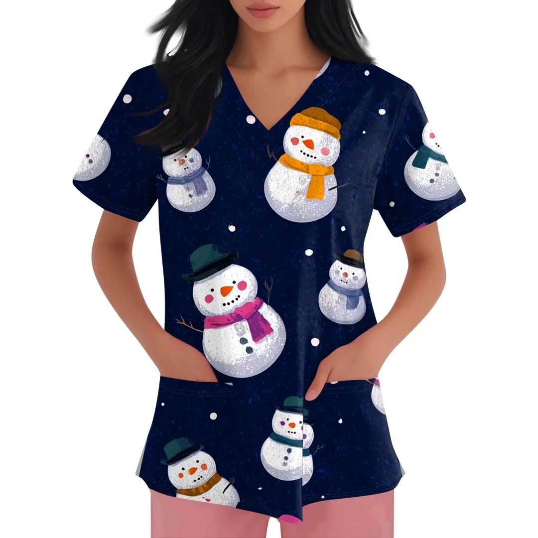Uniformes bonitos femininos médicos natal boneco de neve padrão dental enfermagem topos com decote em v manga curta bolso santa impressão uniformes enfermeira