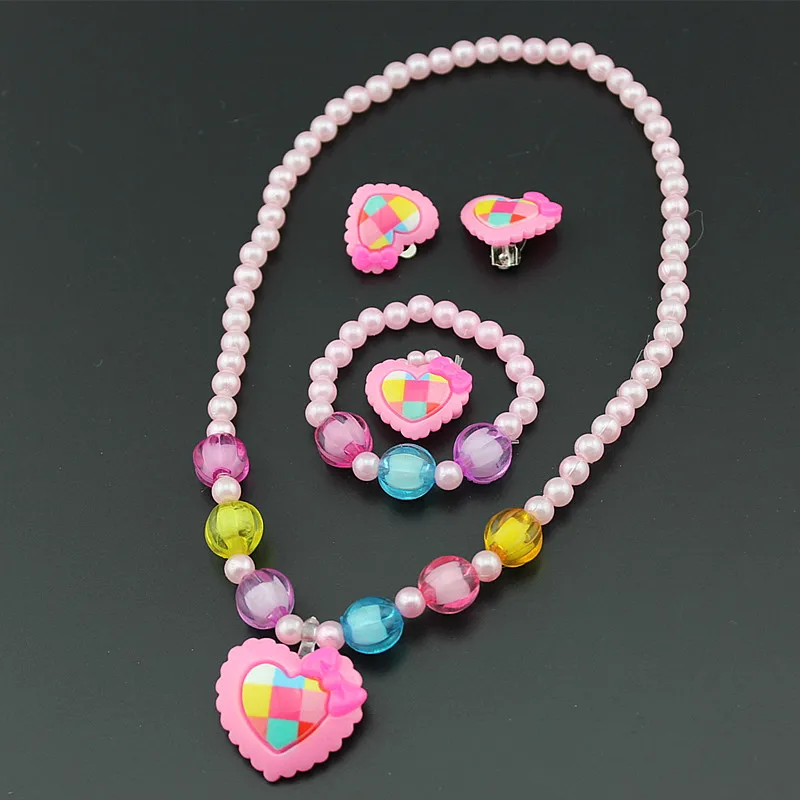 Imitation Pearls Beaded Jewelry Set Baby Girls Lovely Heart Necklace Heart Stud Earrings Kids Children Party Jewelry Gift