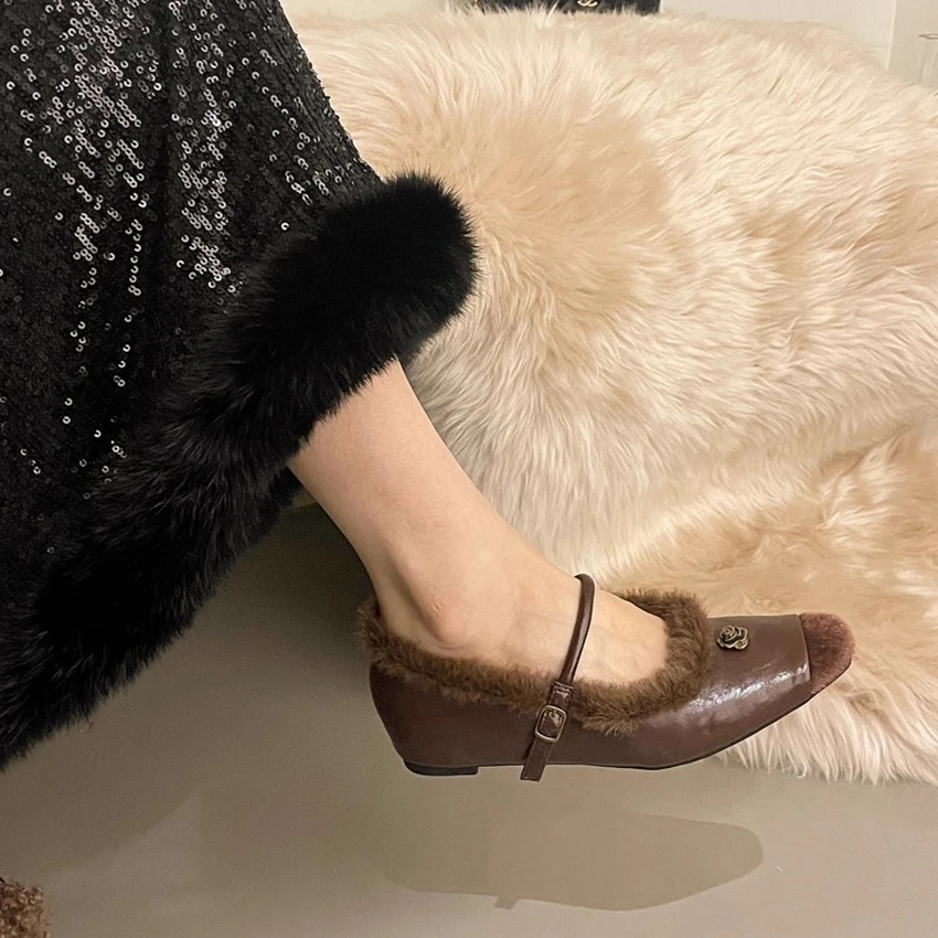 5CM Internal Height Increase French Retro Mary Jane Patchwork Square-Toe Camellia Flats Simple Commuter Women's Shoes