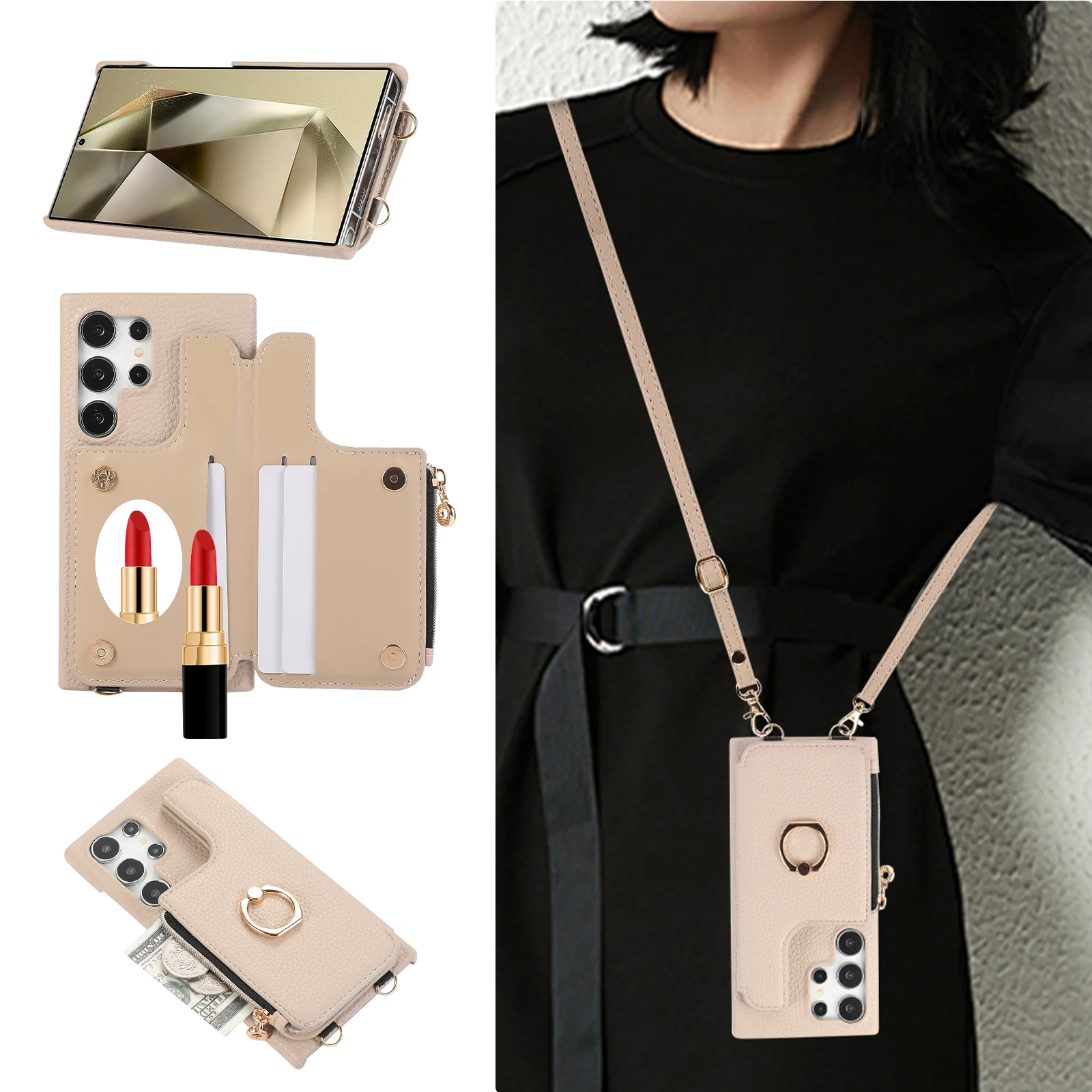 

Кожаный чехол-кошелек с зеркалом для макияжа на молнии для Samsung Galaxy S24 Ultra S23 Plus S22 A15 A35 A55 A05 A25 Cover