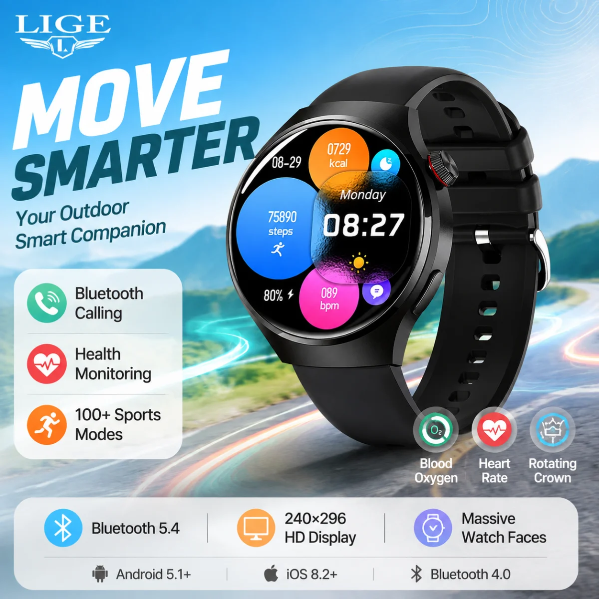 LIGE GPS Smart Watch Men AMOLED Screen Heart rate Bluetooth Call NFC IP68 Waterproof Heart Rate Smartwatch Clock For Android IOS
