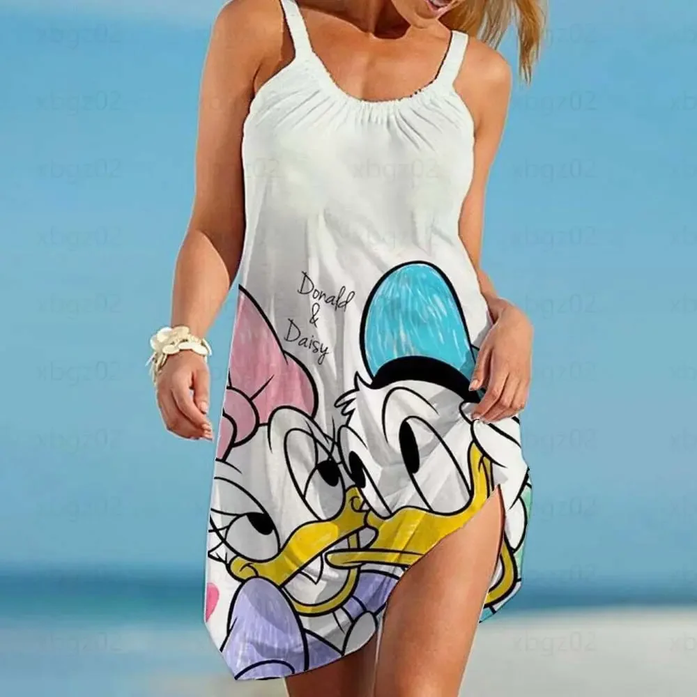 Women\'s Dress Elegant Dresses for Women 2024 Party Boho Cartoon Disney Loose Sling Sleeveless Donald Duck Sexy Printed Boho Top