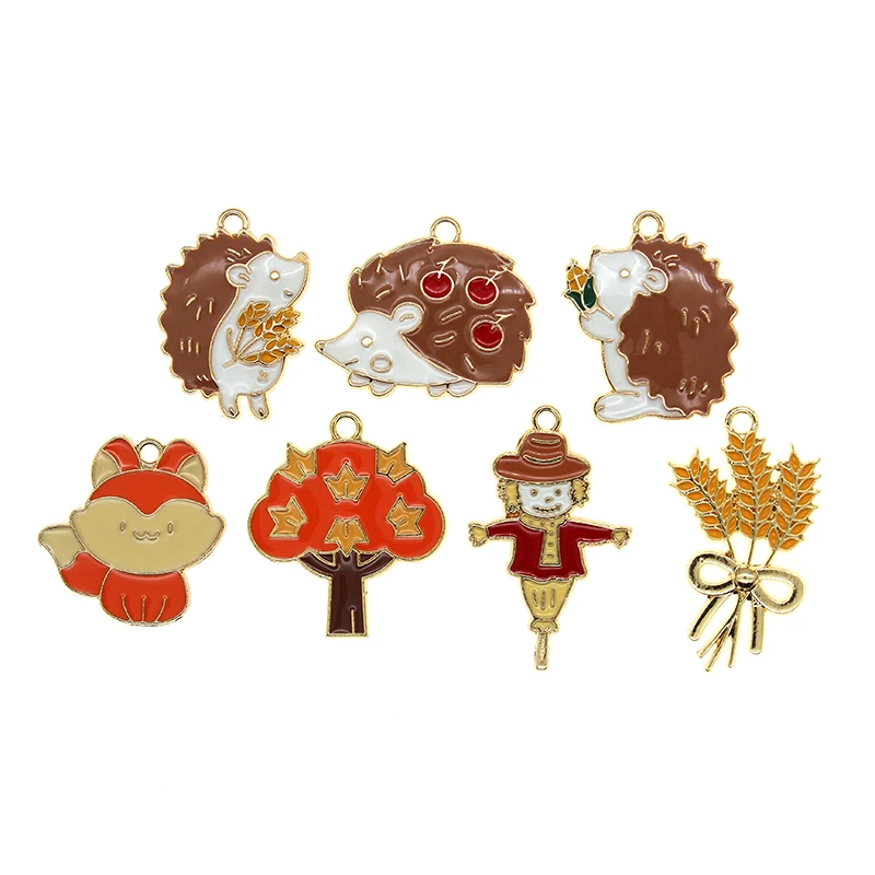 10pcs Cute Animal Hedgehog Enamel Wheat Maple Fox Scarecrow Charms Metal Pendants Floatings Fit DIY Earring Jewelry Accessories