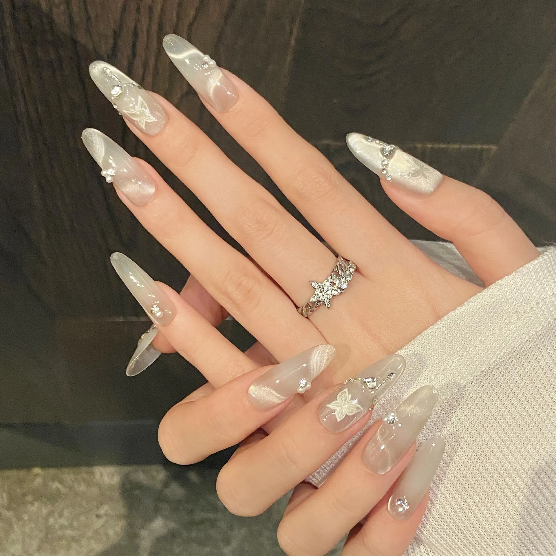10 pçs longo oval artesanal unhas falsas dicas olho de gato borboleta design argent falso arte do prego strass amêndoa imprensa em unhas conjuntos